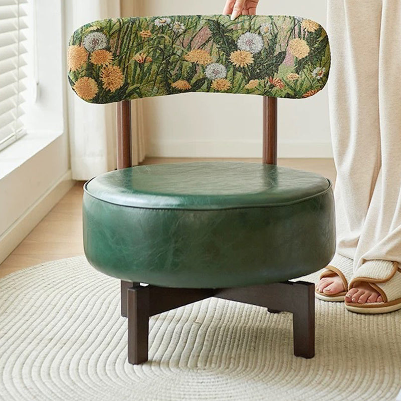 Traditional Vintage Swivel Round Wood Oil-waxed Leather Chair Backrest For Living Room