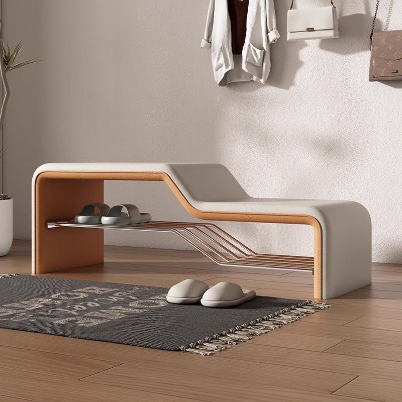 Modern Minimalist Sponge Faux Leather Solid Wood Metal Rectangular Shoe Bench Armless For Entryways