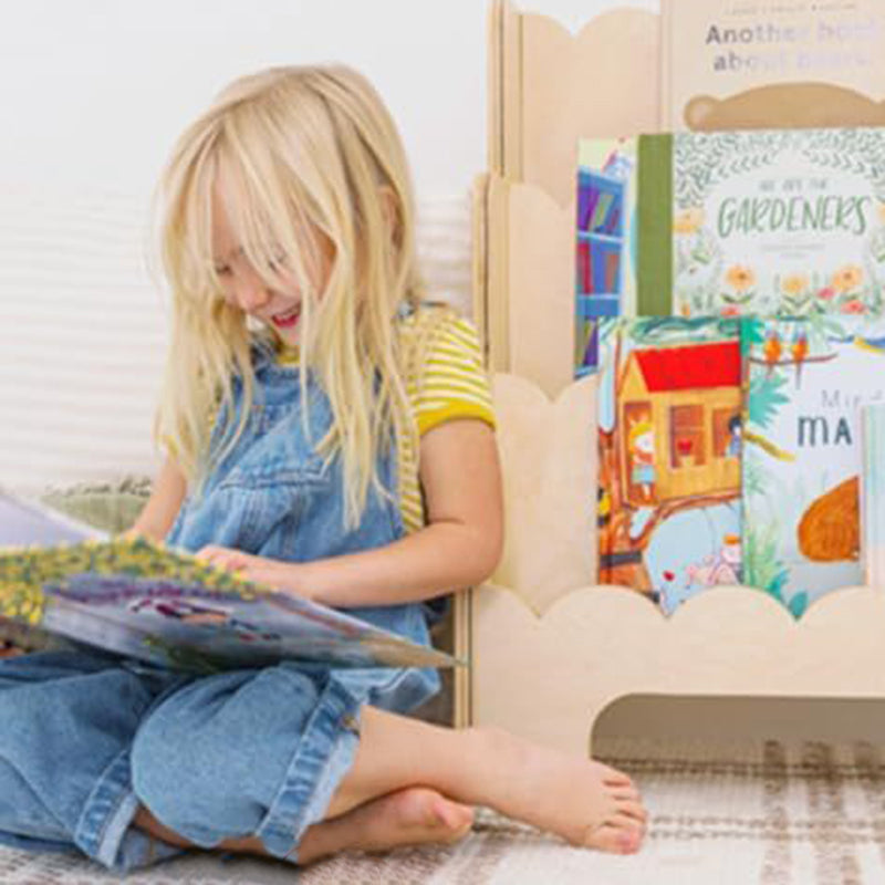 Contemporary Nordic Fan-Shaped Pine Wood & Plywood Kids Bookshelf 3-Layer For Living Room & Study Room