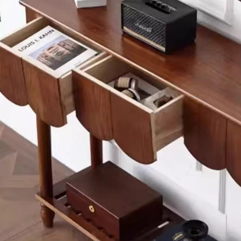 Modern Mid-Century Wavy-Edge Rectangular Solid Wood Console Table 2/3-Drawer For Entryway & Hallway