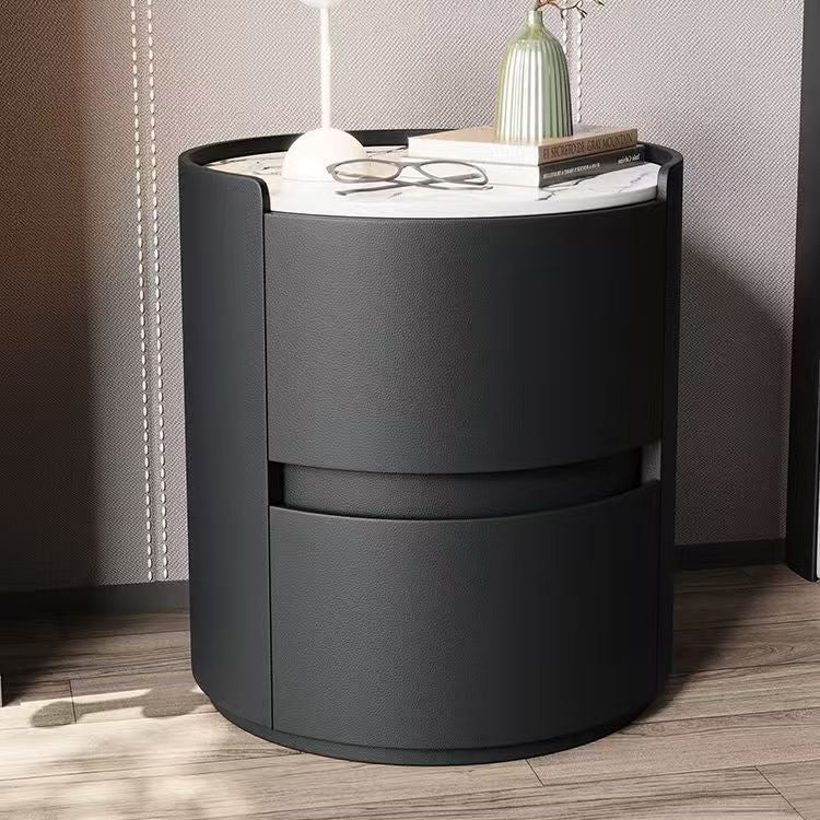 Contemporary Scandinavian Faux Leather Plywood Cylindrical Round Nightstand 2-Drawer For Bedroom