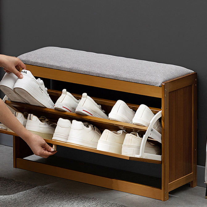 Traditional Japanese Bamboo ABS Linen Rectangular Ventilated Shoe Bench For Entryway & Living Room