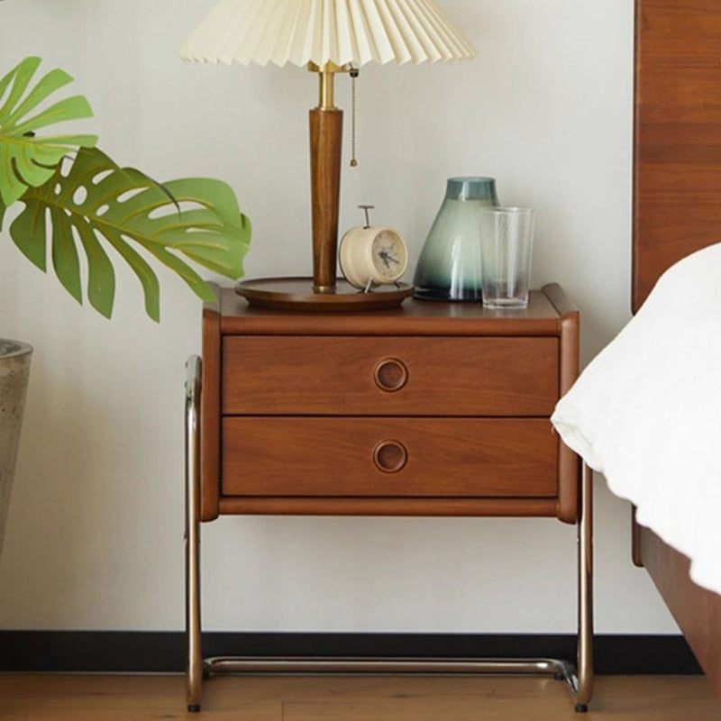 Contemporary Retro Rectangular Oak Wood Stainless Steel Frame Nightstand 2-Drawer For Bedroom