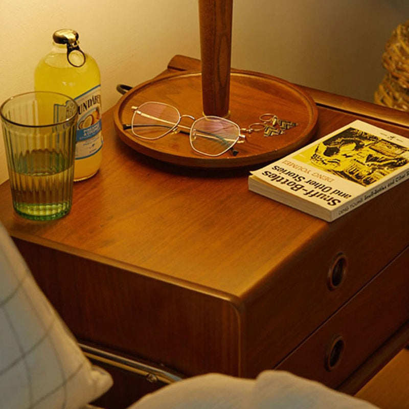 Contemporary Retro Rectangular Oak Wood Stainless Steel Frame Nightstand 2-Drawer For Bedroom