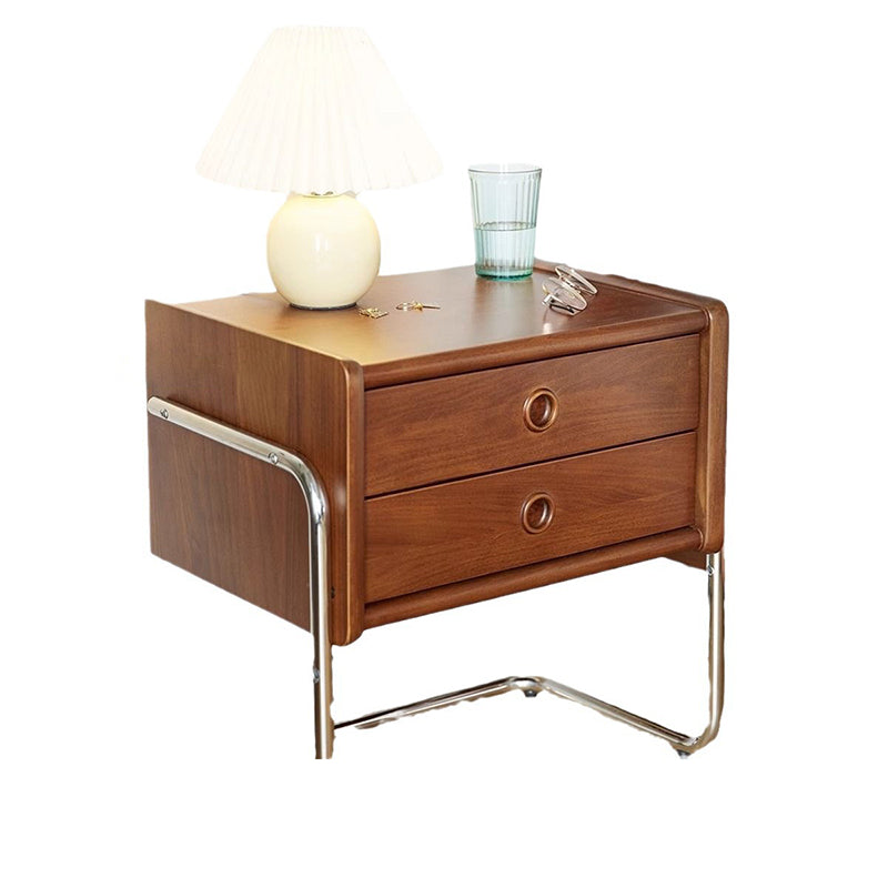 Contemporary Retro Rectangular Oak Wood Stainless Steel Frame Nightstand 2-Drawer For Bedroom