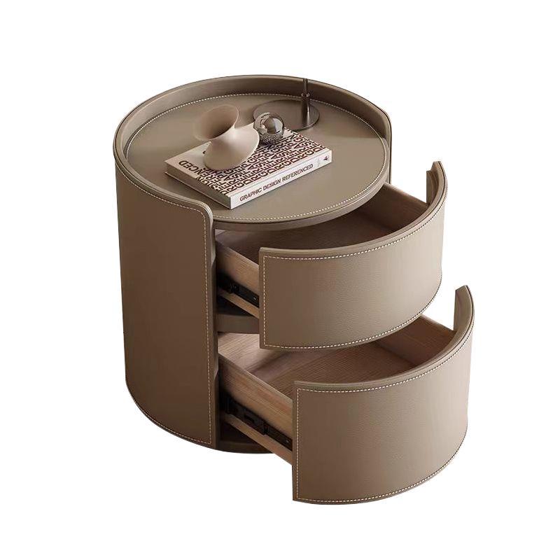 Modern Luxury Round Faux Saddle Leather Plywood Nightstand 2-Drawer For Bedroom
