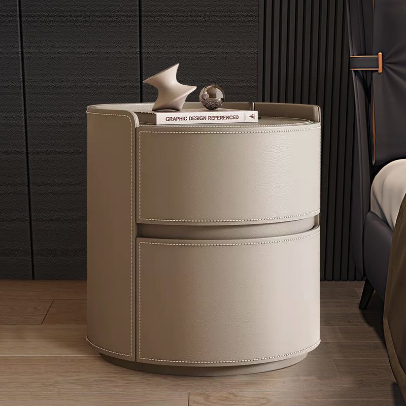 Modern Luxury Round Faux Saddle Leather Plywood Nightstand 2-Drawer For Bedroom