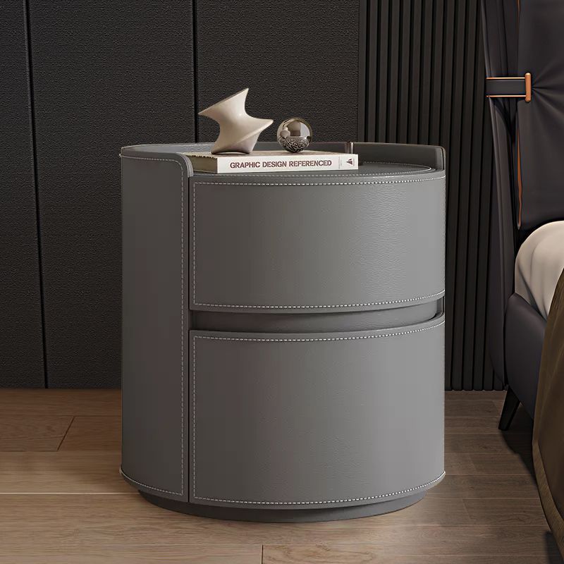 Modern Luxury Round Faux Saddle Leather Plywood Nightstand 2-Drawer For Bedroom