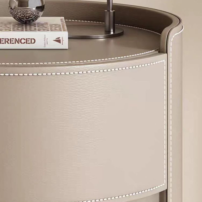 Modern Luxury Round Faux Saddle Leather Plywood Nightstand 2-Drawer For Bedroom