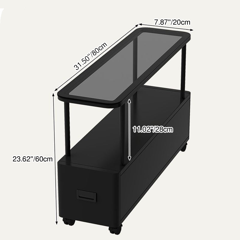 Modern Minimalist Ultra-Narrow Rectangular Tempered Glass Metal Particle Board Movable End Table 1-Drawer For Bedroom