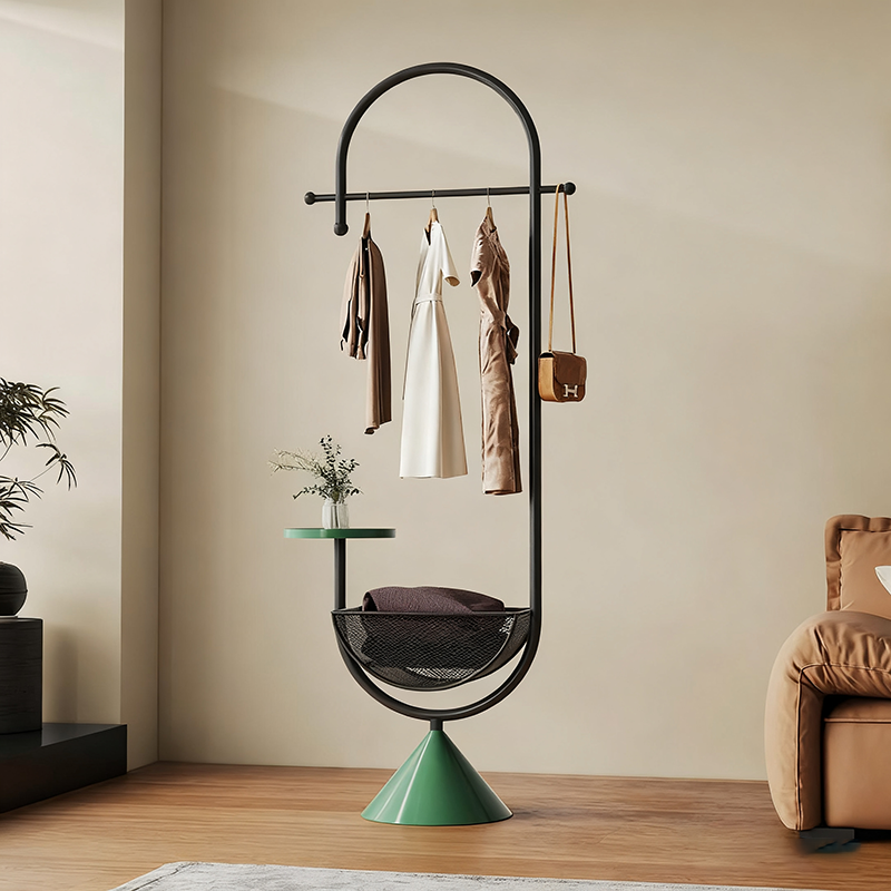 Modern Minimalist G-Shaped Iron Carbon Steel Floor-Standing Hall Tree 1-Basket For Bedroom