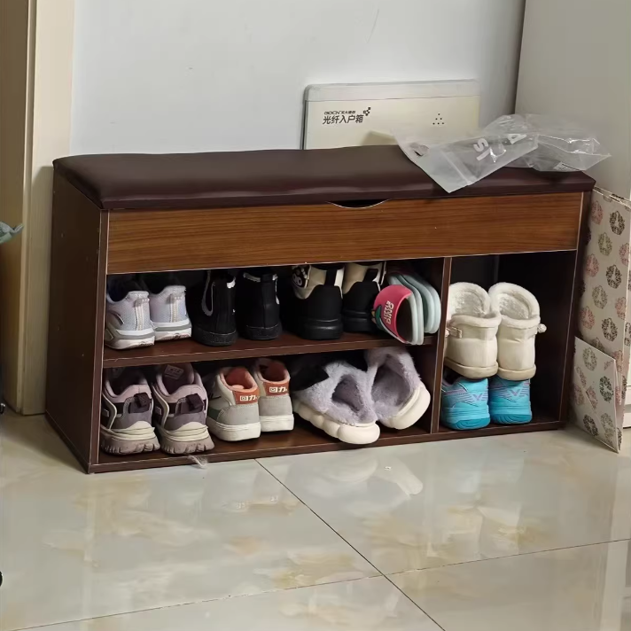Modern Minimalist Rectangle Fabric PU Leather Wood Shoe Storage 3-Tier For Entryways