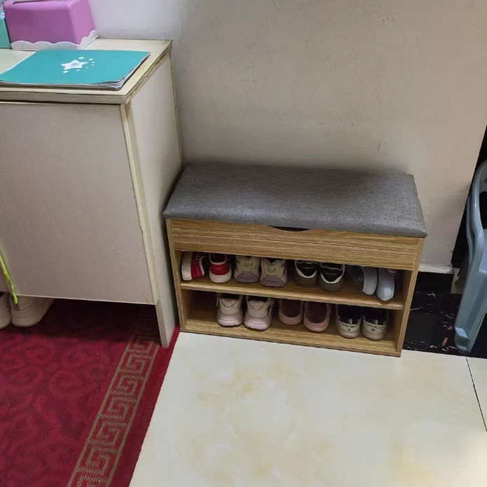 Modern Minimalist Rectangle Fabric PU Leather Wood Shoe Storage 3-Tier For Entryways