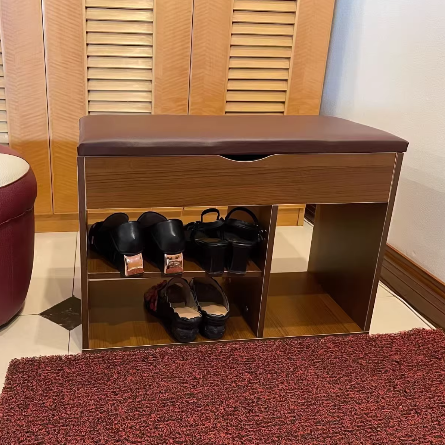 Modern Minimalist Rectangle Fabric PU Leather Wood Shoe Storage 3-Tier For Entryways