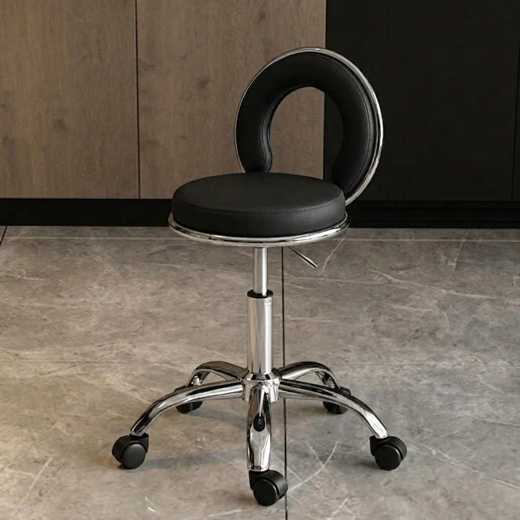 Contemporary Scandinavian Round Cushion Hollow Iron Faux Napa Leather Vanity Stool Backrest Armless For Bedroom