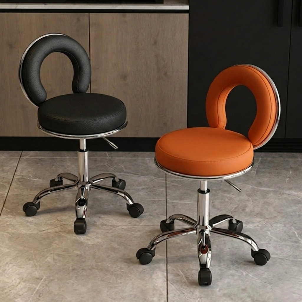 Contemporary Scandinavian Round Cushion Hollow Iron Faux Napa Leather Vanity Stool Backrest Armless For Bedroom