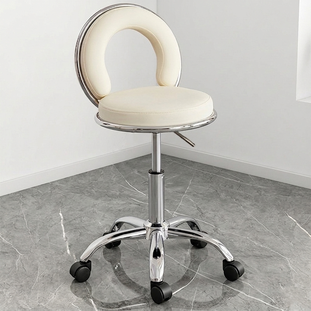 Contemporary Scandinavian Round Cushion Hollow Iron Faux Napa Leather Vanity Stool Backrest Armless For Bedroom
