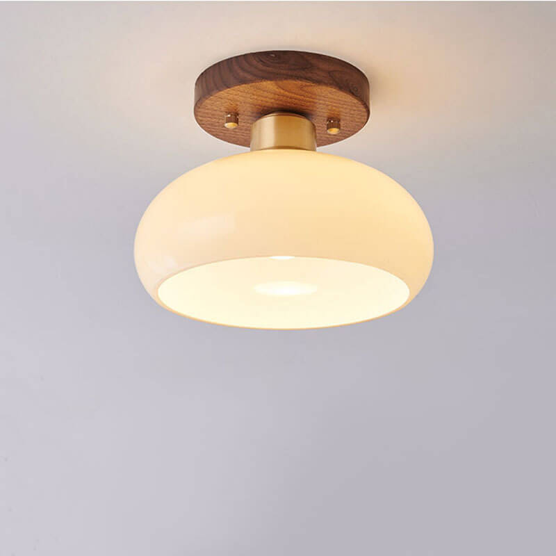 Vintage Round Walnut Semi-Flush Ceiling Light
