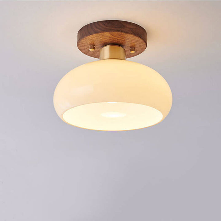 Vintage Round Walnut Semi-Flush Ceiling Light