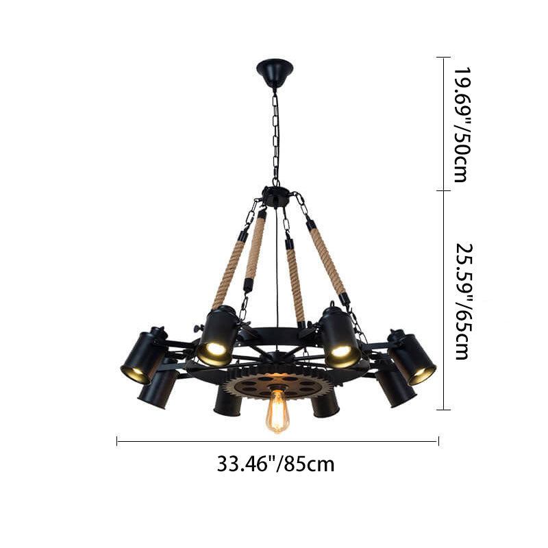 Contemporary Industrial Retro Gear Wrought Ion Hemp Rope 7/9/11-Light Chandelier For Living Room