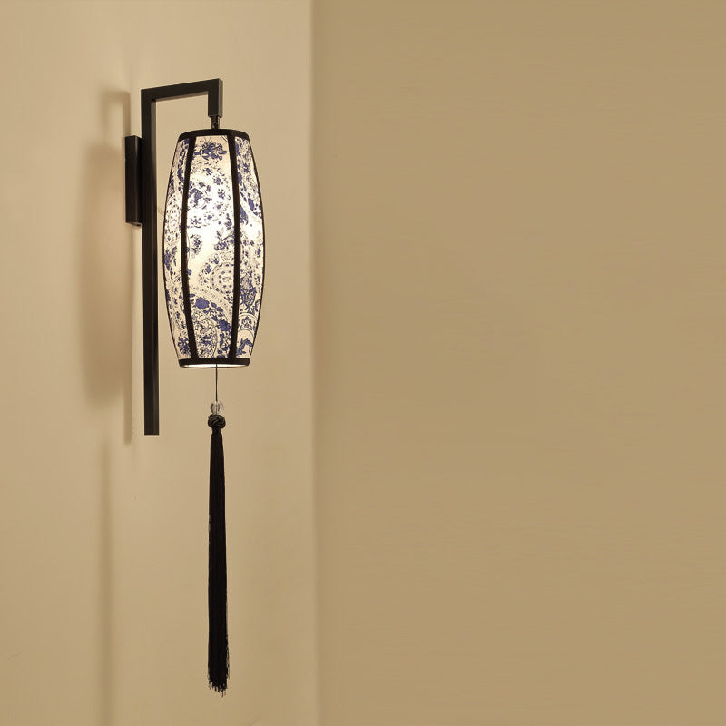 Traditional Chinese Painted Fabric Lantern Tassel 1-Light Wall Sconce Lamp For Hallway