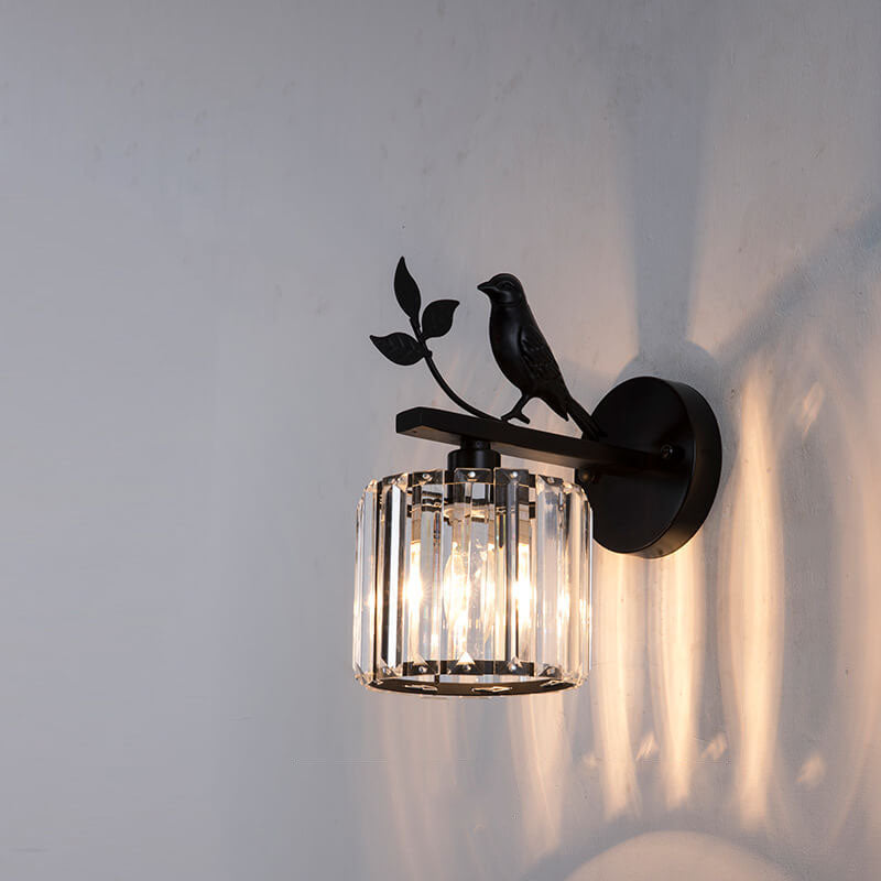 Traditional Vintage Iron Glass Round Bird 1-Light Wall Sconce Lamp for Living Room