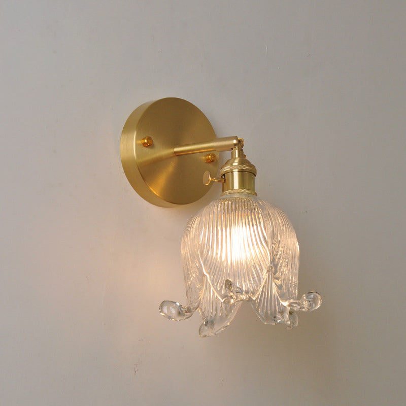 Traditional Vintage Brass Glass Bell Flower 1-Light Wall Sconce Lamp for Living Room