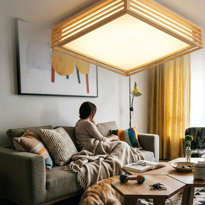 Nordic Square Solid Wood LED Flush Mount Ceiling Light