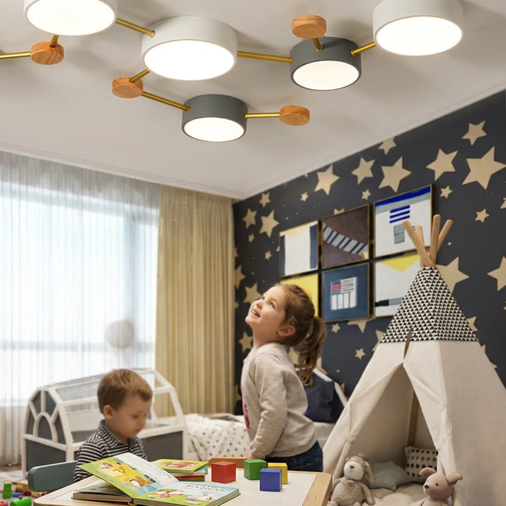 Scandinavian Solid Wood LED Flush Mount Ceiling Light in a kids room