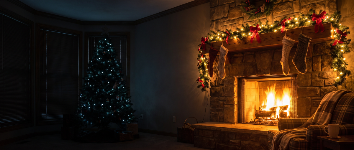 Cozy Christmas living room with lit tree and decorated fireplace