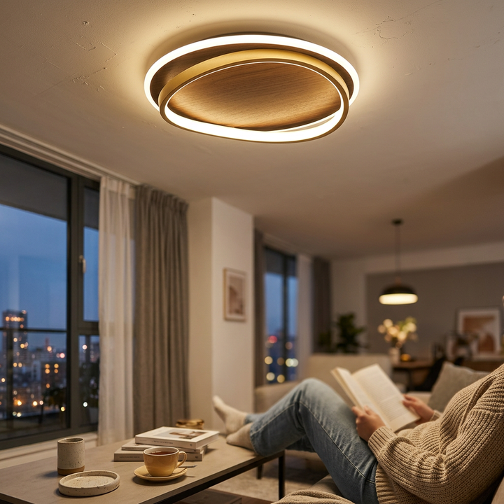 Nordic Minimalist Circular Walnut Grain LED Flush Mount Ceiling Light