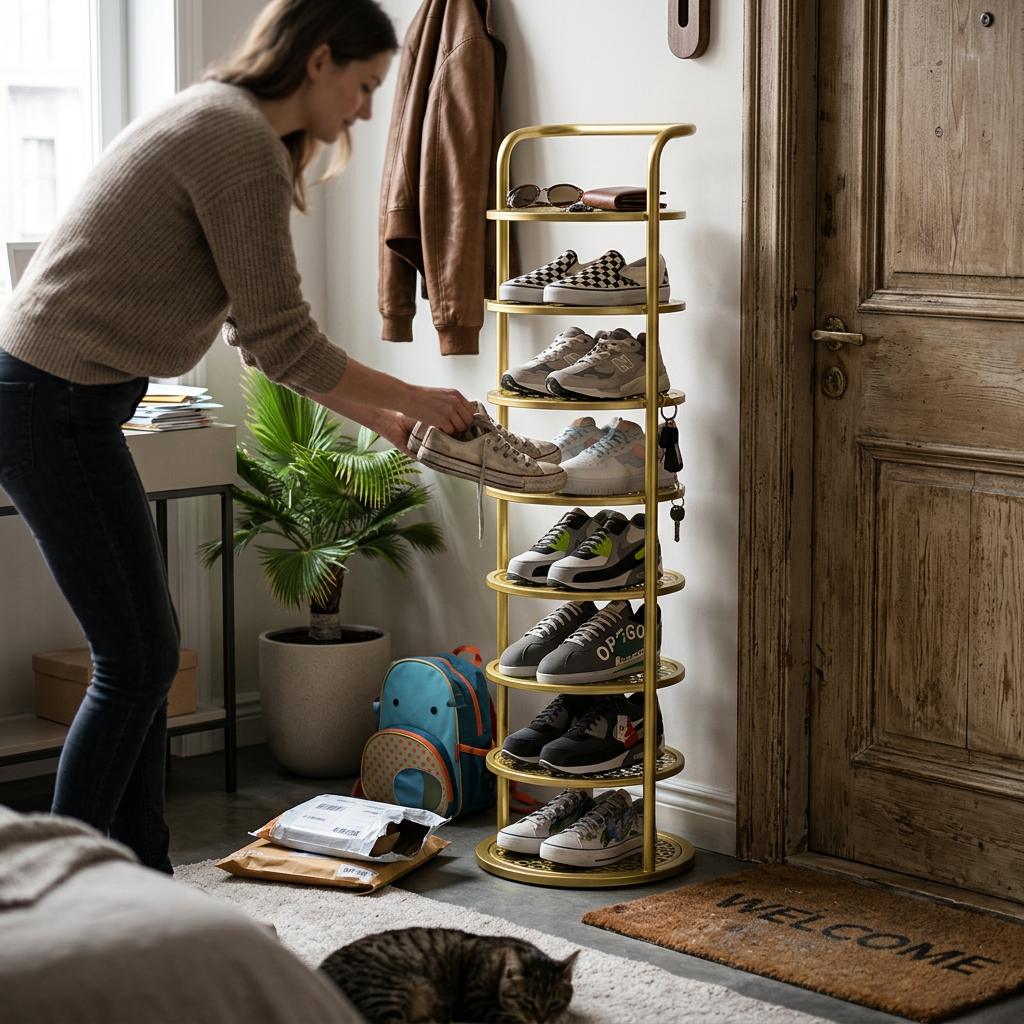 Modern Minimalist Round Iron Carbon Steel Shoe Storage For Entryways