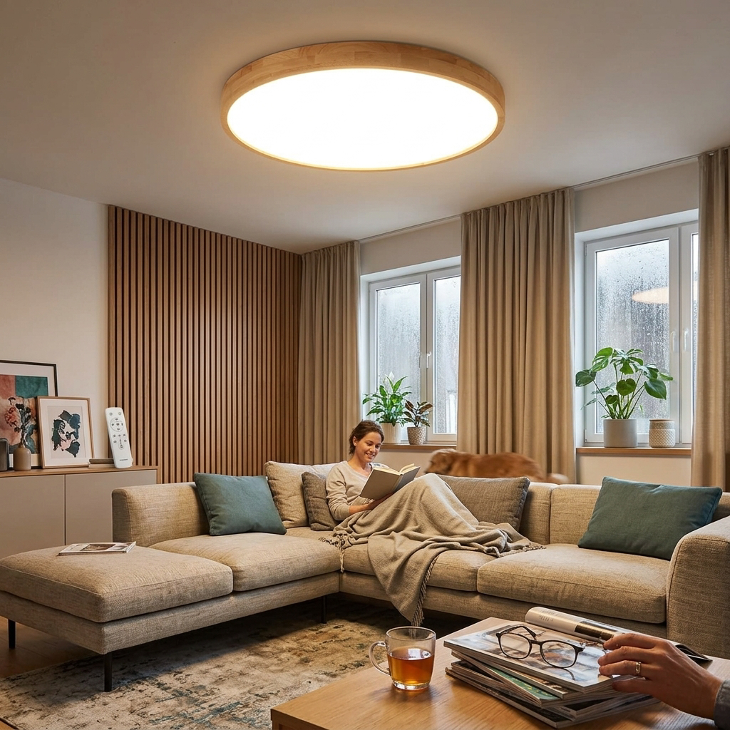 Nordic Solid Wood Round Ultra-Thin LED Flush Mount Ceiling Light