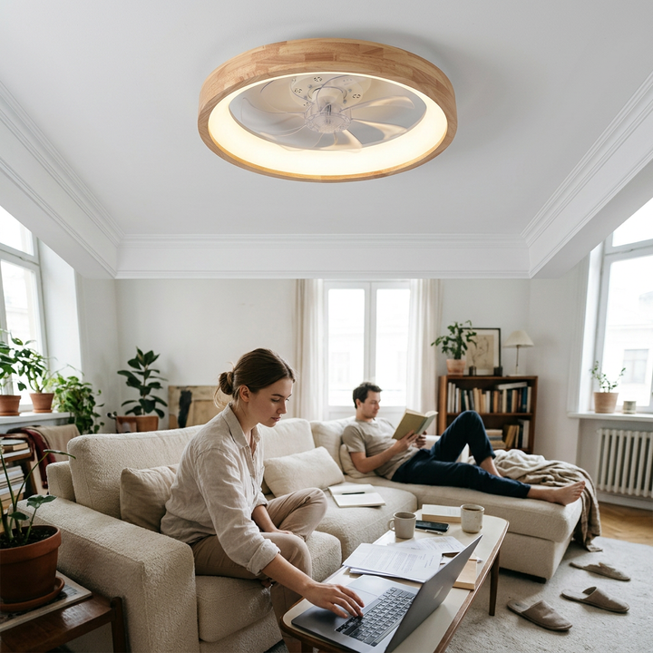 Traditional Japanese Solid Wood Round Hollowed LED Ceiling Fan Light