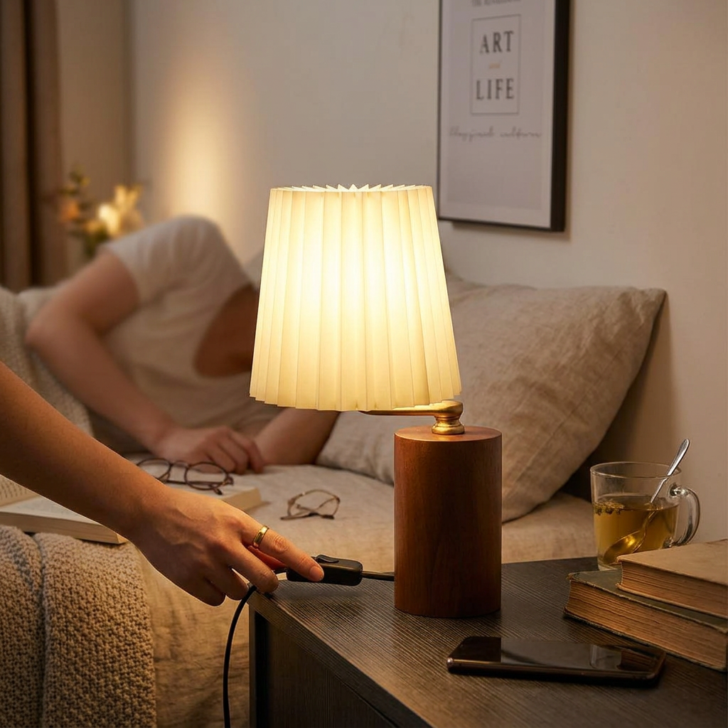 Vintage Korean Pleated Column Solid Wood Base 1-Light Table Lamp