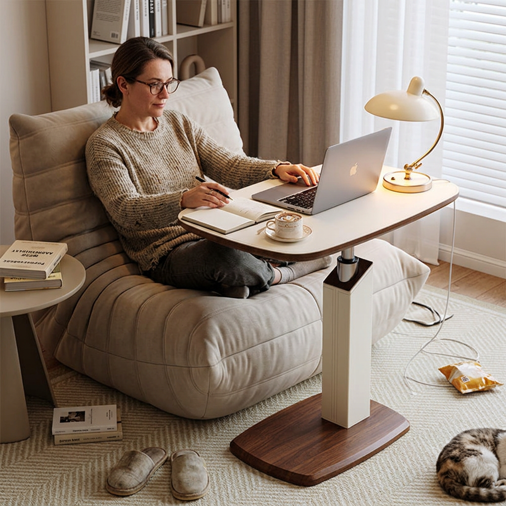 Contemporary Scandinavian Saddle Leather Height-Adjustable Swivel Side Table