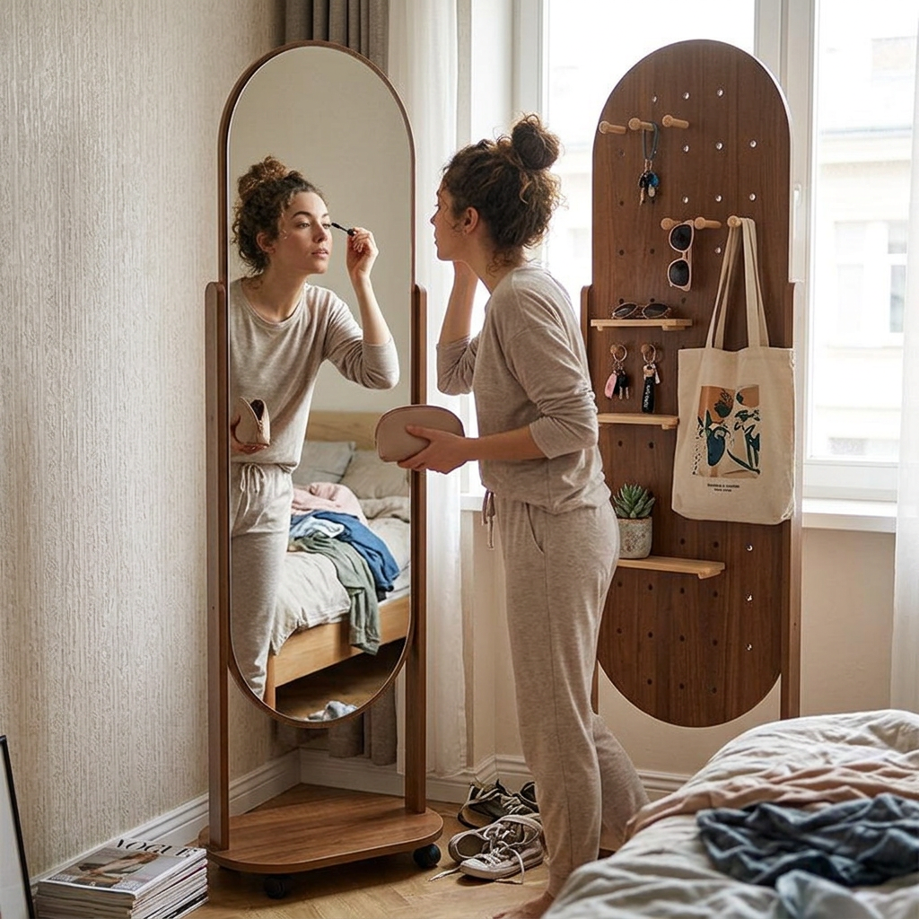 Contemporary Scandinavian Rectangular Plywood Glass Full-Length Mirror Storage Shelf For Bedroom