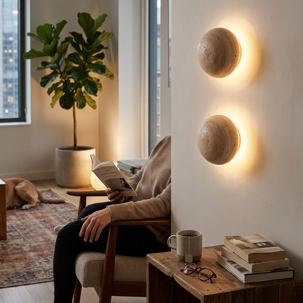 Traditional Japanese Round Yellow Travertine Wabi-Sabi LED Wall Sconce Lamp For Hallway