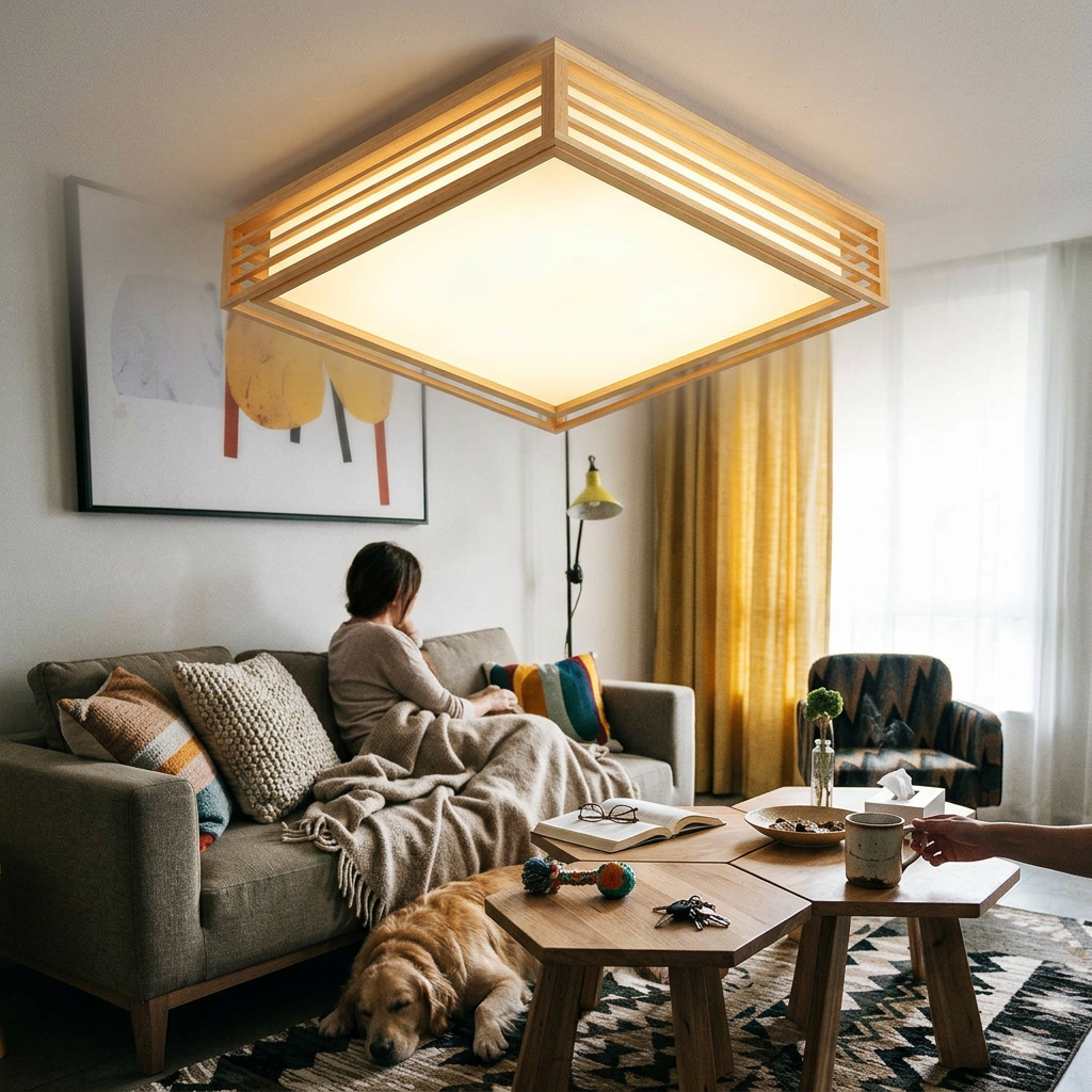Nordic Solid Wood Square LED Japanese Tatami Flush Mount Ceiling Light
