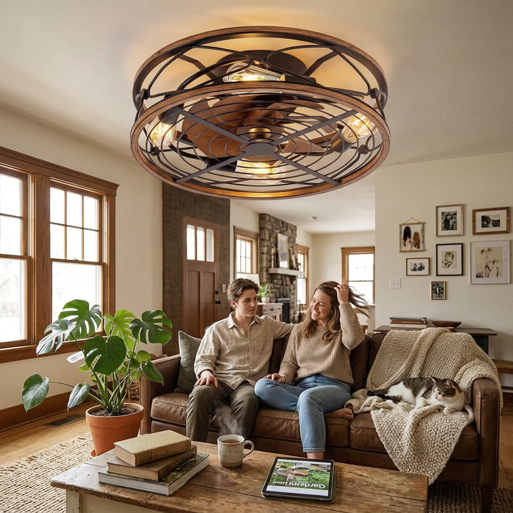 Nordic Industrial Wrought Iron Cylinder 4-Light Flush Mount Ceiling Invisible Fan Light