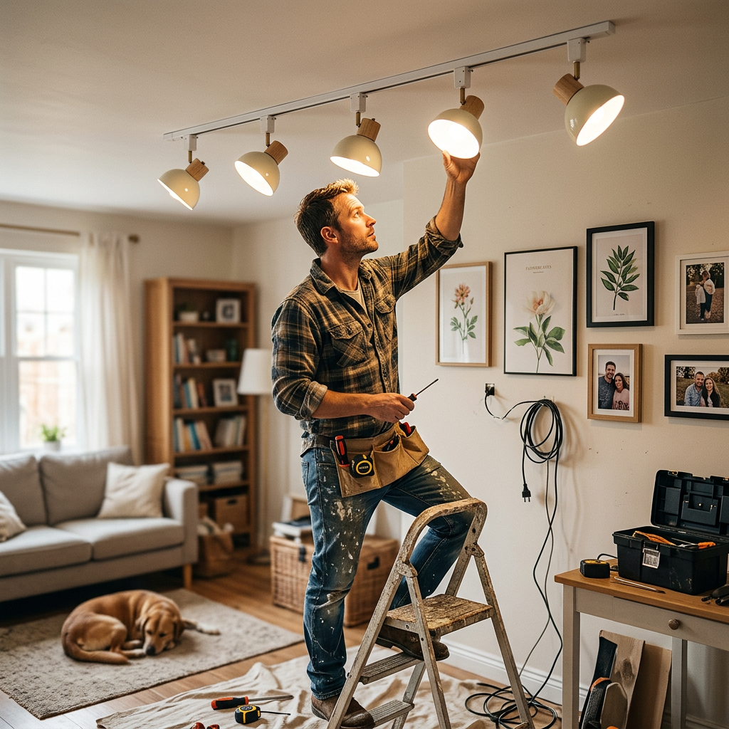 Contemporary Nordic Iron Wood Bowl Round Adjustable Track Lighting Semi-Flush Mount Ceiling Light For Dining Room