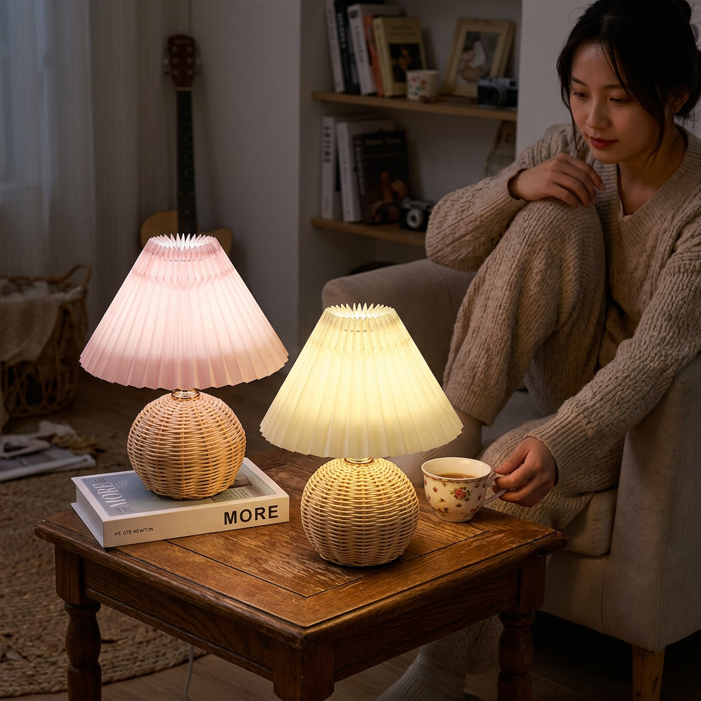 Contemporary Nordic Rattan Fabric Pleated Conic Ball LED Table Lamp For Bedroom