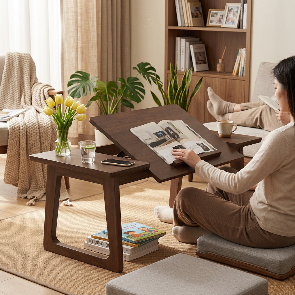 Traditional Japanese Solid Wood Foldable Rectangle Side Table 1-Tier For Living Room