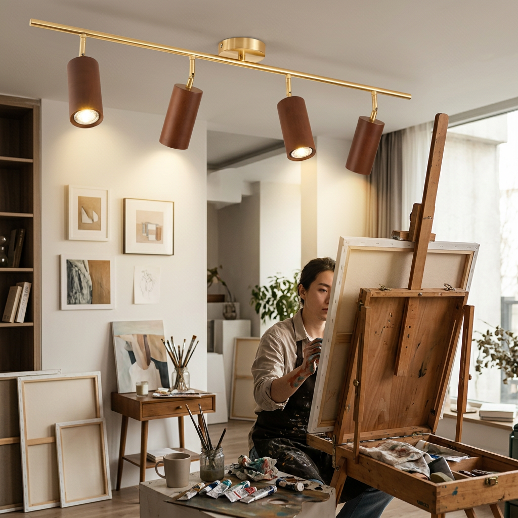 Modern Minimalist Walnut Wood Spotlight Linear Track LED Semi-Flush Mount Ceiling Light for Living Room
