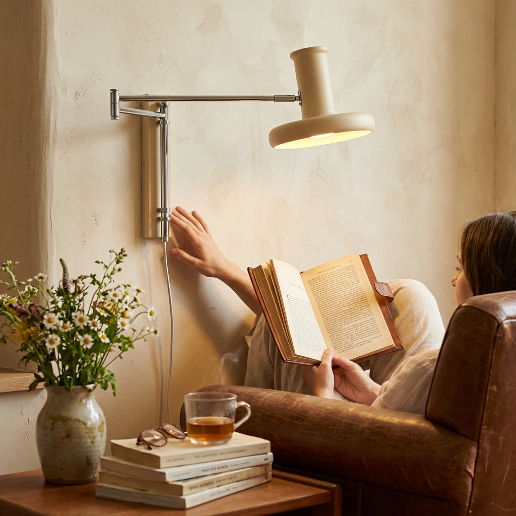 Nordic Minimalist Beige Swing Arm 1-Light Wall Sconce Lamp