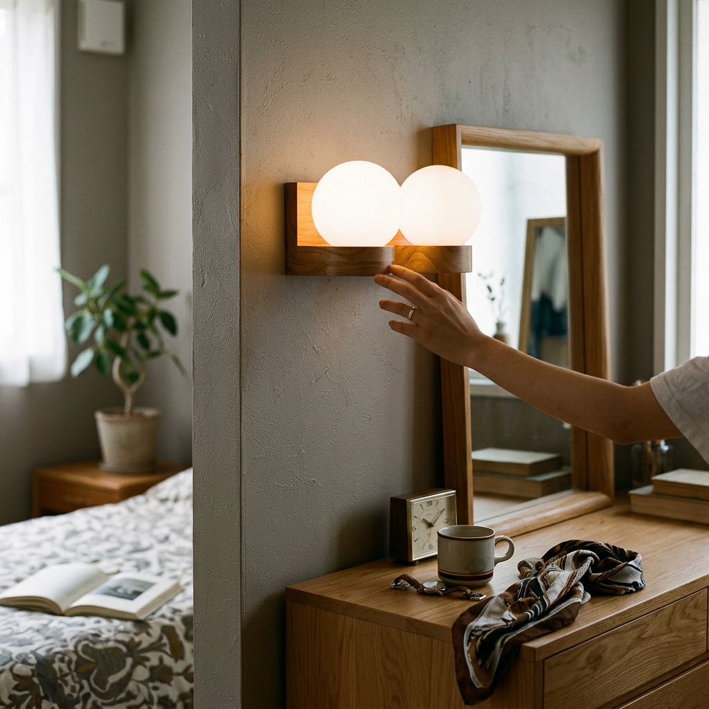 Contemporary Nordic Rubberwood Glass Ball Wall Sconce Lamp For Bedroom