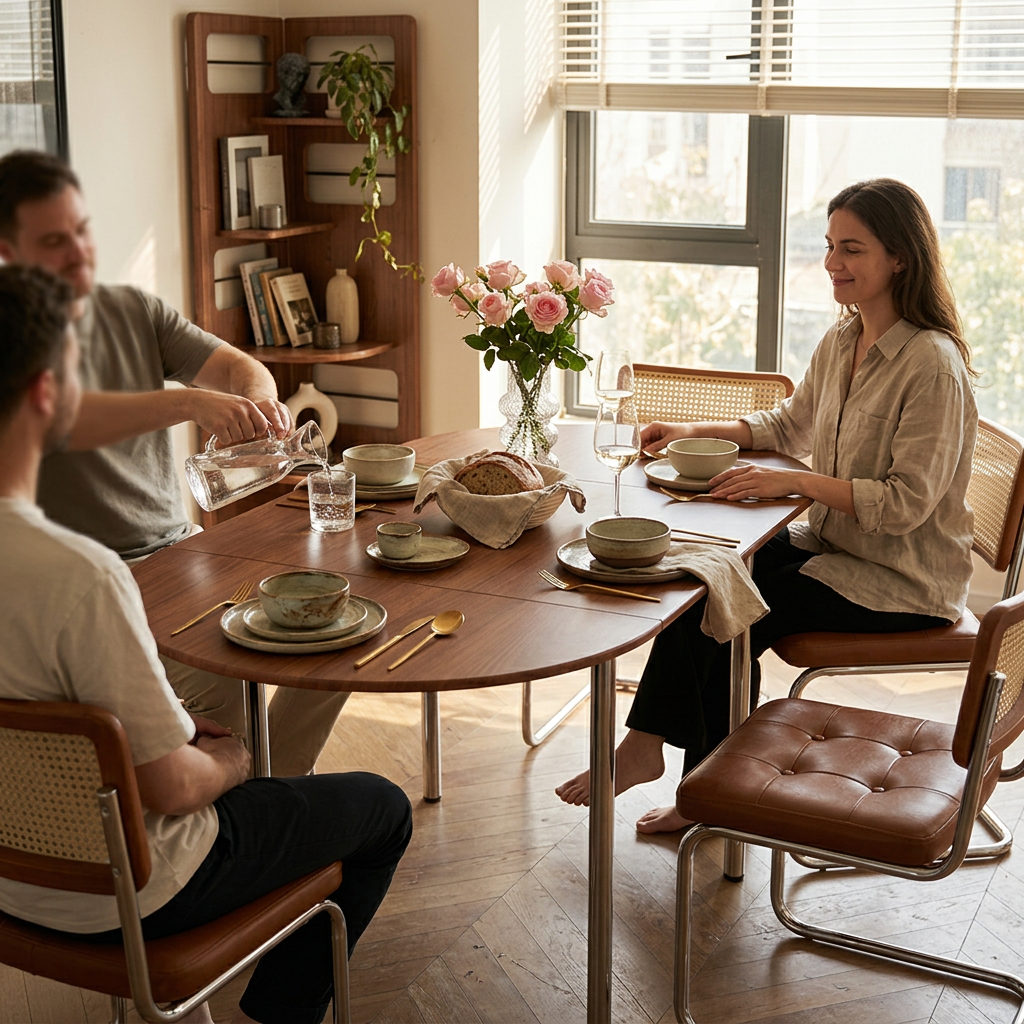 Modern Minimalist Foldable Oval Wood Stainless Steel Dining Table For 4 Seats