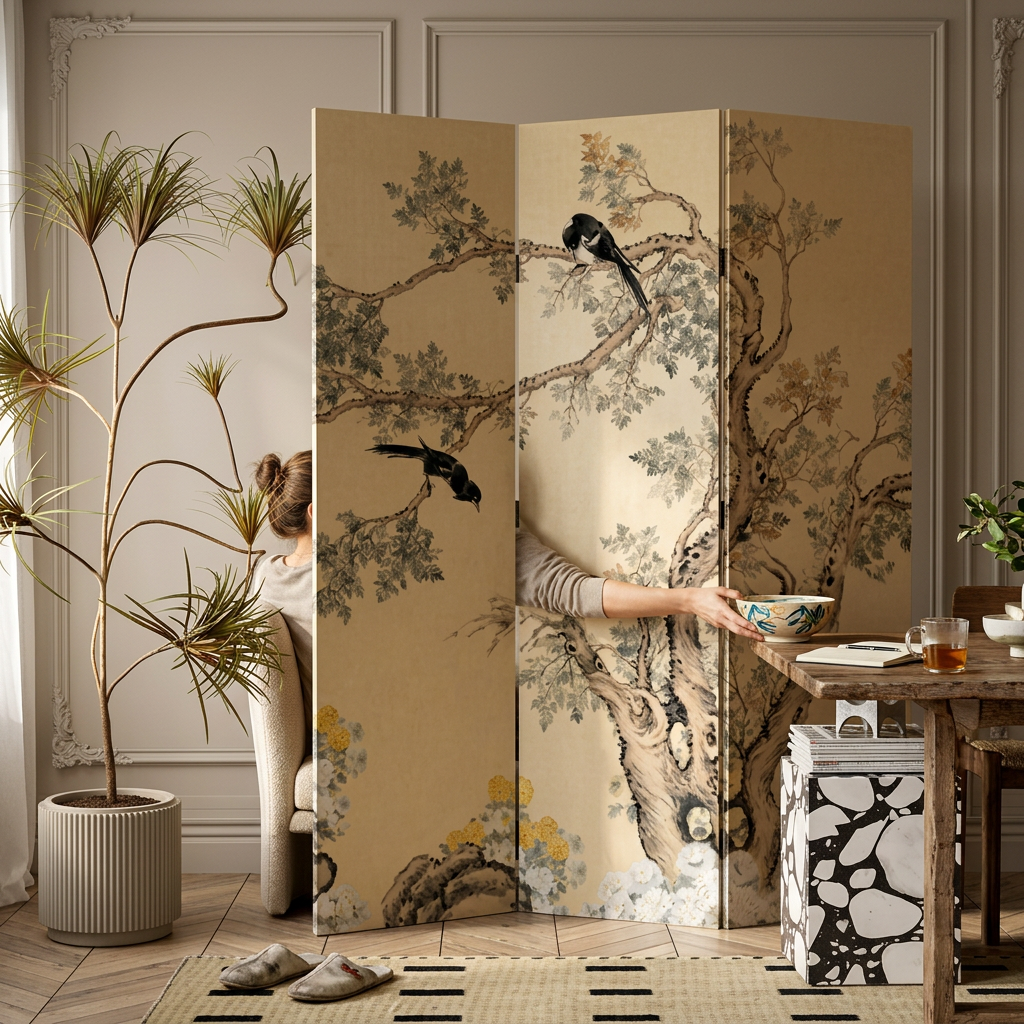Traditional French Rectangular Wood Canvas Floral Room Divider For Living Room