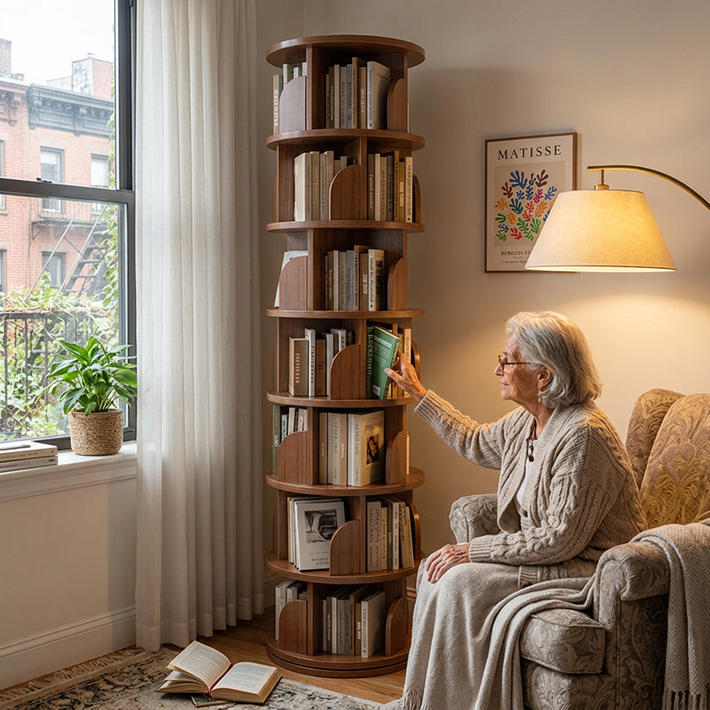 Modern Minimalist Cylindrical Bamboo Metal MDF Rotatable Floor-Standing Bookshelf For Study