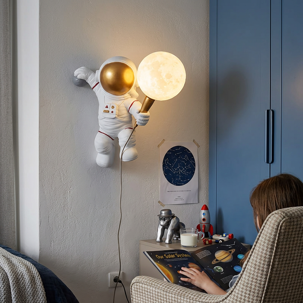 Contemporary Creative Cartoon Astronaut Resin ABS 1-Light Wall Sconce Lamp For Bedroom